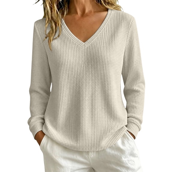 Women's Waffle Knit Long Sleeve Sweater V-Neck Loose Fit Baggy Pullover Tops Plus Size Tunic Tops for Women Lightweight Fall Sweaters for Women Fall Winter Fashion Clothes Beige L
