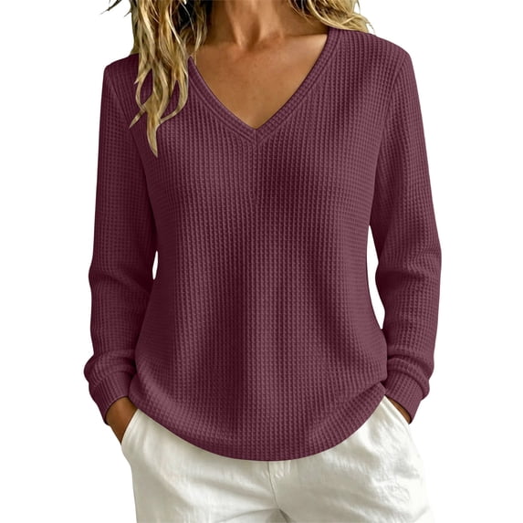 Women's Waffle Knit Long Sleeve Sweater V-Neck Loose Fit Baggy Pullover Tops Plus Size Tunic Tops for Women Lightweight Fall Sweaters for Women Fall Winter Fashion Clothes Red S