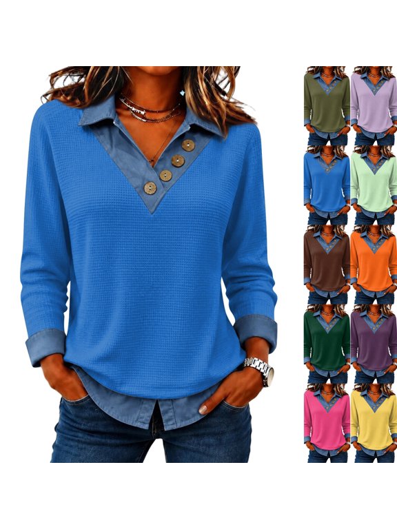 Women's Waffle Knit Long Sleeve TopDenim Collar Layered Look Shirt, Button V Neck Casual Tunic Blouse for Everyday Fall Outfits M Blue