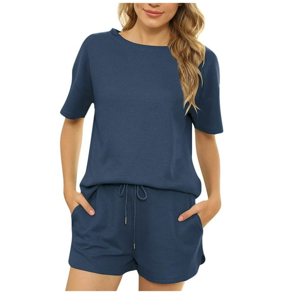 Women's Waffle Knit Pajama Set Short Sleeve Top and Shorts PJs Sets Loungewear Athletic Tracksuits with Pockets