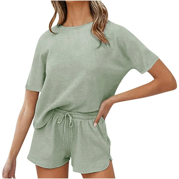 Women's Waffle Knit Pajama Set Short Sleeve Top and Shorts PJs Sets Loungewear Athletic Tracksuits with Pockets