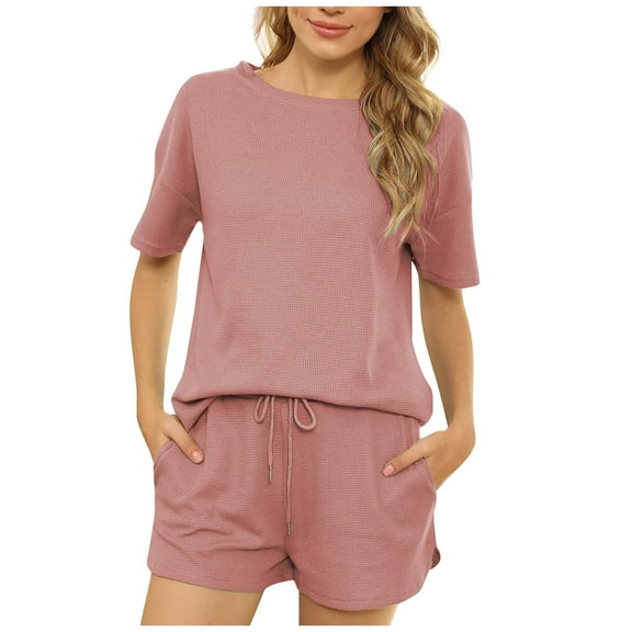 Women's Waffle Knit Pajama Set Short Sleeve Top and Shorts PJs Sets Loungewear Athletic Tracksuits with Pockets