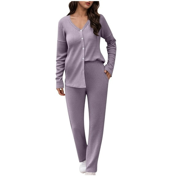 Women’s Waffle Knit Pajamas Set Long Sleeve Loungewear Two-piece Sleepwear Button-Down Pj Sets with Long Pants