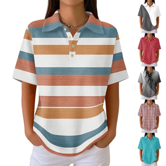 Women's Waffle Knit Polo Shirt Color Block Striped Collared Short Sleeve Relaxed Fit Casual Daily Office Summer Tops 2026, L