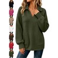 thumbnail image 1 of Women's Waffle Knit Pullover Sweatshirt Oversized Lapel V-Neck Long Sleeve with Pockets Loose Casual Everyday Fall Top, 1 of 8