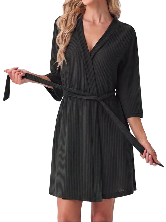 Women's Waffle Knit Robe 3/4 Sleeve V Neck Knee Length Wrap with Adjustable Waist Belt Black L