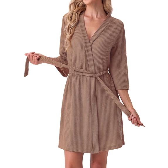 Women's Waffle Knit Robe 3/4 Sleeve V Neck Knee Length Wrap with Adjustable Waist Belt Dark Khaki 2XL