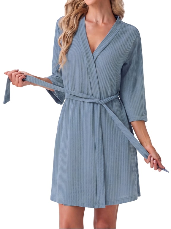 Women's Waffle Knit Robe 3/4 Sleeve V Neck Knee Length Wrap with Adjustable Waist Belt Light Blue L