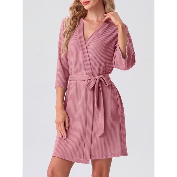 Women's Waffle Knit Robe 3/4 Sleeve V Neck Knee Length Wrap with Adjustable Waist Belt Tan 2XL