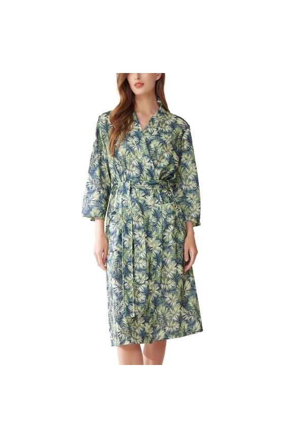 Women's Waffle Knit Robe Tropical Vacation Holiday Bath Hotel Knee Length Kimono Robe Palm Tree Printed Bathrobe Lightweight V Neck Short Sleeve SPA Hot Tub Green X-Large-XX-Large