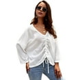 thumbnail image 1 of Women's Waffle Knit Ruched Bat Wing Long Sleeve Draw String Tunic Top, 1 of 6