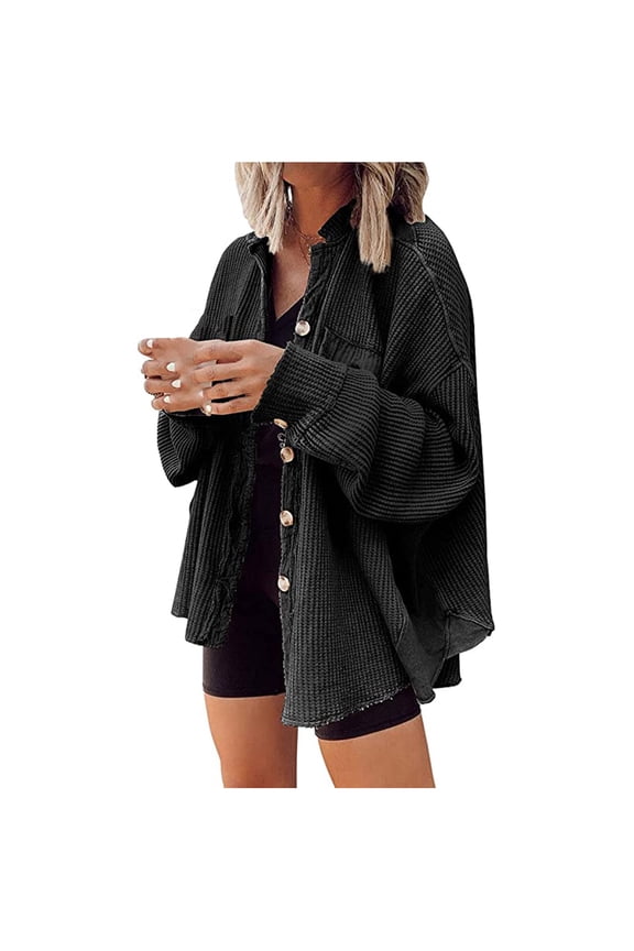Women's Waffle Knit Shacket Boyfriend Shirt Jacket Trendy Long Sleeve Blouse Button Down Oversized Tops Casual Solid Color Office Suit Coat