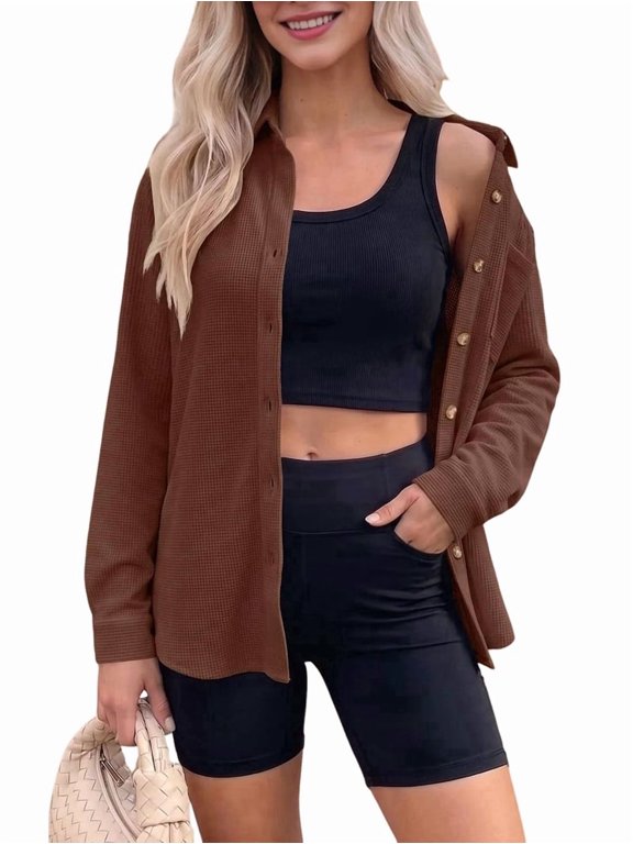 Women's Waffle Knit Shacket Button Down Long Sleeve Tops with Pocket Collared Shirts Brown M