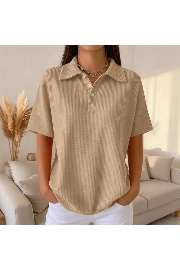 Women's Waffle Knit Short Sleeve Button Down Collared Polo Shirt Casual Loose Fit Tops for Spring Khaki M