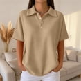 thumbnail image 1 of Women's Waffle Knit Short Sleeve Button Down Collared Polo Shirt Casual Loose Fit Tops for Spring Khaki XL, 1 of 6
