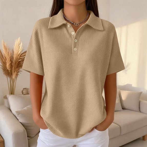 Women's Waffle Knit Short Sleeve Button Down Collared Polo Shirt Casual Loose Fit Tops for Spring Khaki XL