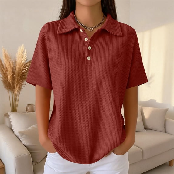 Women's Waffle Knit Short Sleeve Button Down Collared Polo Shirt Casual Loose Fit Tops for Spring Wine XL