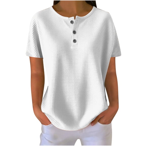 Women's Waffle Knit Short Sleeve Tops Solid Color Loose T-shirts Buttons Henley Neck Plus Size Tee Shirts (2XL, White)