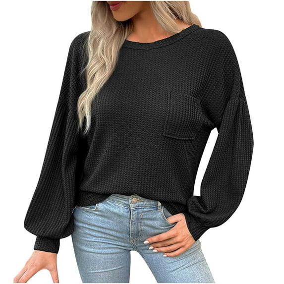 Women's Waffle Knit Sweater Tops Long Sleeve Loose-Fit Pullover Hoodie Solid Color Casual Blouse Sweatshirt