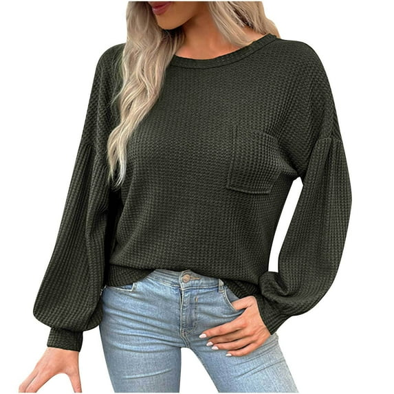 Women's Waffle Knit Sweater Tops Long Sleeve Loose-Fit Pullover Hoodie Solid Color Casual Blouse Sweatshirt