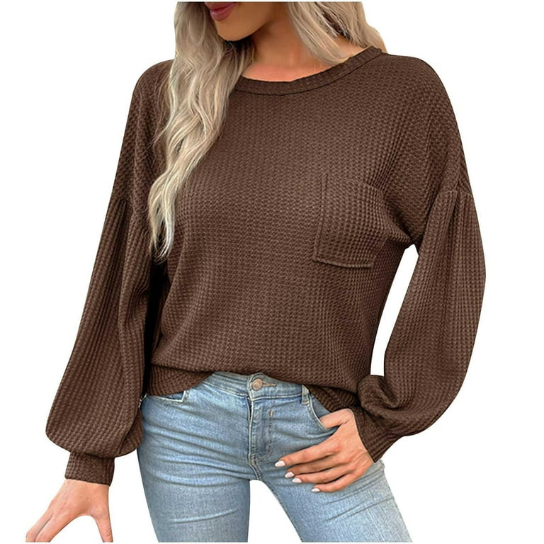 Women's Waffle Knit Sweater Tops Long Sleeve Loose-Fit Pullover Hoodie  Solid Color Casual Blouse Sweatshirt 
