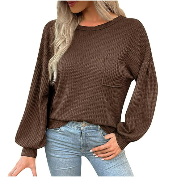 Women's Waffle Knit Sweater Tops Long Sleeve Loose-Fit Pullover Hoodie Solid Color Casual Blouse Sweatshirt