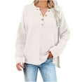 thumbnail image 1 of Women's Waffle Knit Sweaters Loose Casual Crewneck Pullover Tops Solid Color Button up Long Sleeve Jumpers (M, White), 1 of 4
