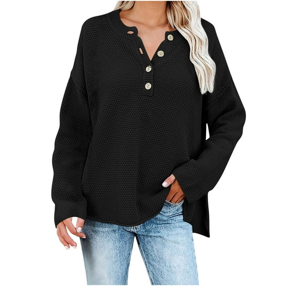 Women's Waffle Knit Sweaters Loose Casual Crewneck Pullover Tops Solid Color Button up Long Sleeve Jumpers (S, Black)