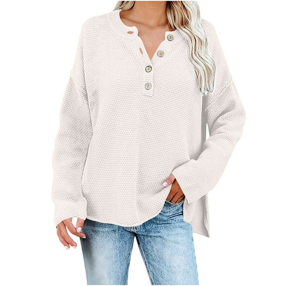 Women's Waffle Knit Sweaters Loose Casual Crewneck Pullover Tops Solid Color Button up Long Sleeve Jumpers (XL, White)