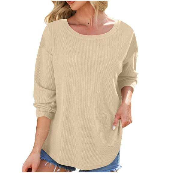 Women's Waffle Knit Sweatshirt Casual Loose Long Sleeve Crew Neck Pullover Tops Fall Fashion Outfits Lightweight Sweater