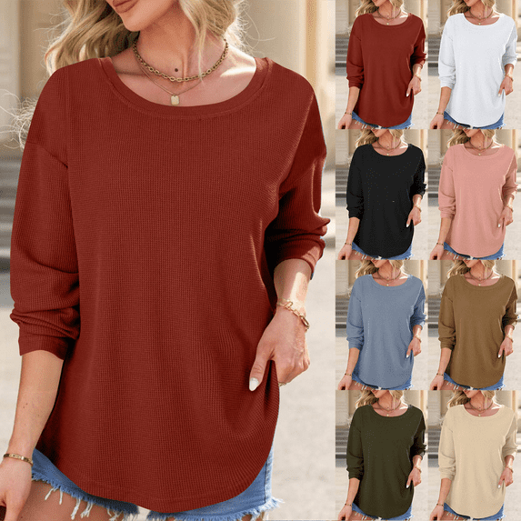 Women's Waffle Knit Sweatshirt Crew Neck Long Sleeve Shirts Comfy Pullover Lightweight for Loose Casual Fall Outfits