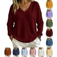thumbnail image 1 of Women's Waffle Knit Sweatshirt Long Sleeve V-Neck Solid Color Loose Fit Casual Pullover Tops for Daily Wear, 1 of 8