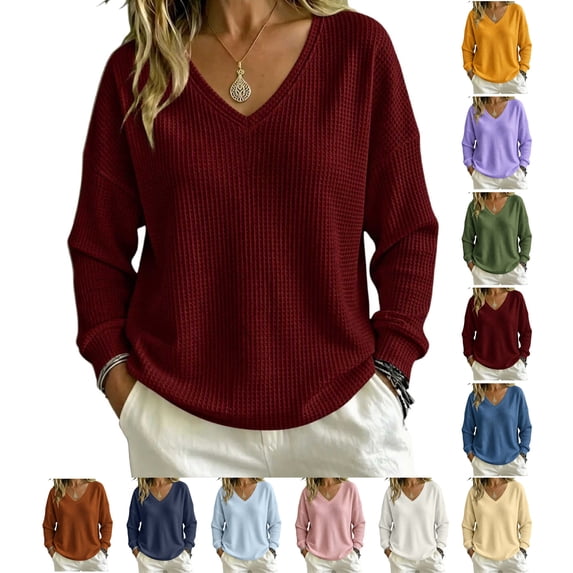 Women's Waffle Knit Sweatshirt Long Sleeve V-Neck Solid Color Loose Fit Casual Pullover Tops for Daily Wear