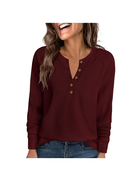 Women's Waffle Knit Sweatshirts Casual Loose Long Sleeve Button Down Pullover Shirts Fall Lightweight Cozy Comfy Sweaters