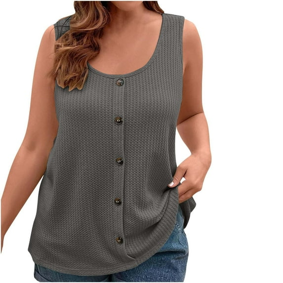 Women's Waffle Knit Tank Tops Casual Loose Scoop Neck Button Plus Size Sleeveless Shirts Solid Color Blouses (2XL, Dark Gray)