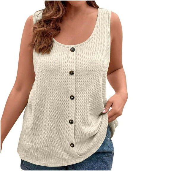 Women's Waffle Knit Tank Tops Casual Loose Scoop Neck Button Plus Size Sleeveless Shirts Solid Color Blouses (2XL, Khaki)
