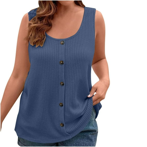 Women's Waffle Knit Tank Tops Casual Loose Scoop Neck Button Plus Size Sleeveless Shirts Solid Color Blouses (XL, Navy)