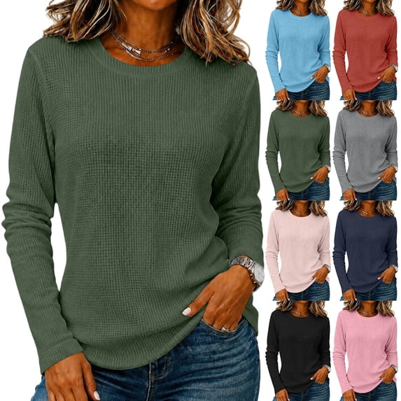 Women's Waffle Knit Top Crew Neck Long Sleeve Casual Pullover Blouse
