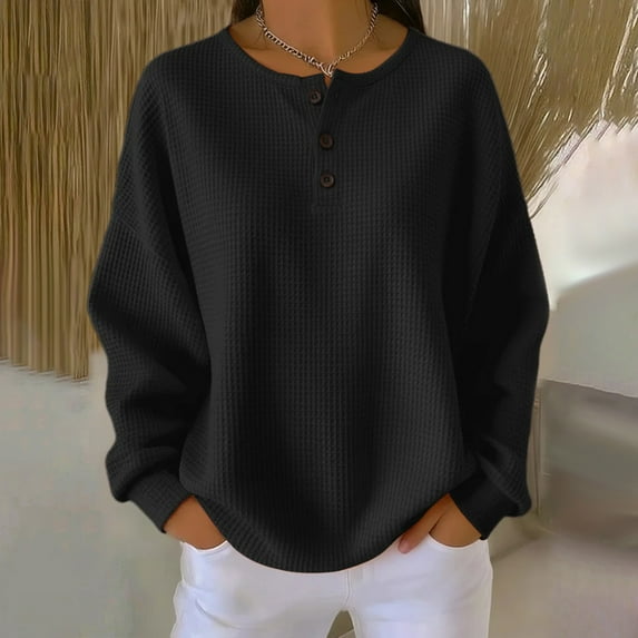 Women's Waffle Knit Top, Long Sleeve Crewneck Pullover, Loose Fit Casual Blouse for Fall and Winter 2025, Soft Stretchable Comfortable Top for Women, Solid Color Relaxed Fit Everyday Wear Black