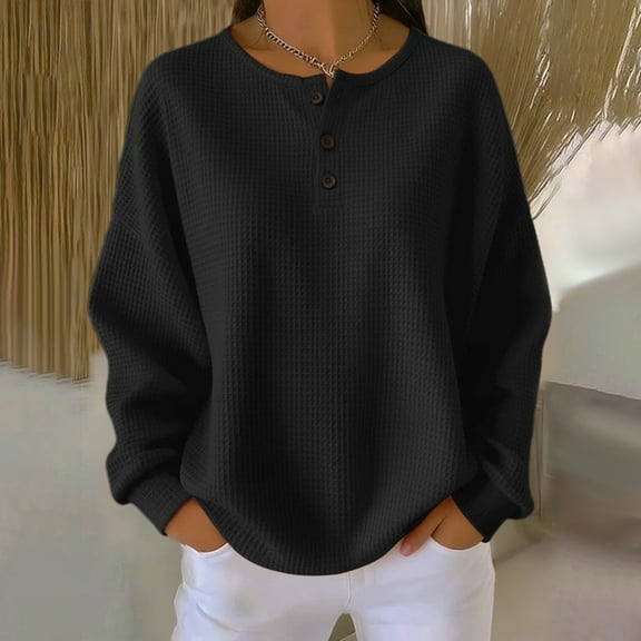 Women's Waffle Knit Top, Long Sleeve Crewneck Pullover, Loose Fit Casual Blouse for Fall and Winter 2025, Soft Stretchable Comfortable Top for Women, Solid Color Relaxed Fit Everyday Wear Black