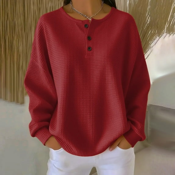 Women's Waffle Knit Top, Long Sleeve Crewneck Pullover, Loose Fit Casual Blouse for Fall and Winter 2025, Soft Stretchable Comfortable Top for Women, Solid Color Relaxed Fit Everyday Wear Red