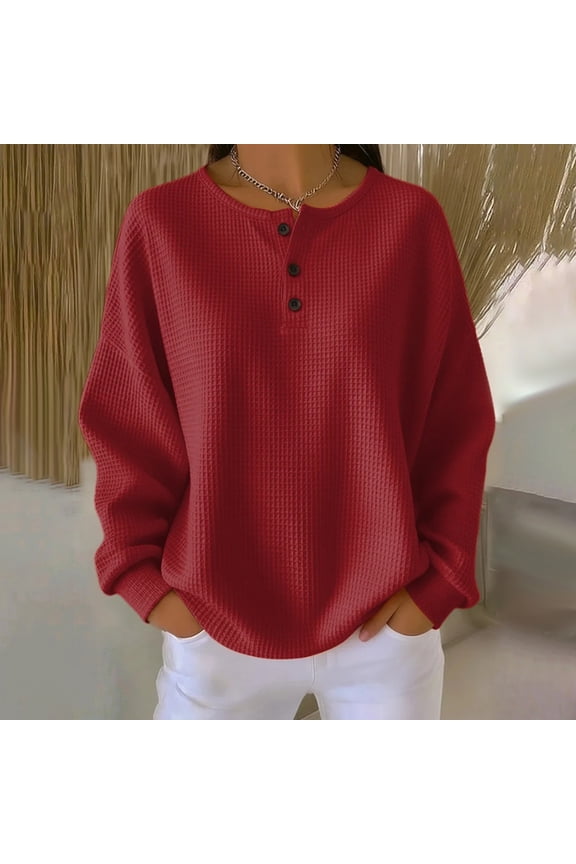 Women's Waffle Knit Top, Long Sleeve Crewneck Pullover, Loose Fit Casual Blouse for Fall and Winter 2025, Soft Stretchable Comfortable Top for Women, Solid Color Relaxed Fit Everyday Wear Red