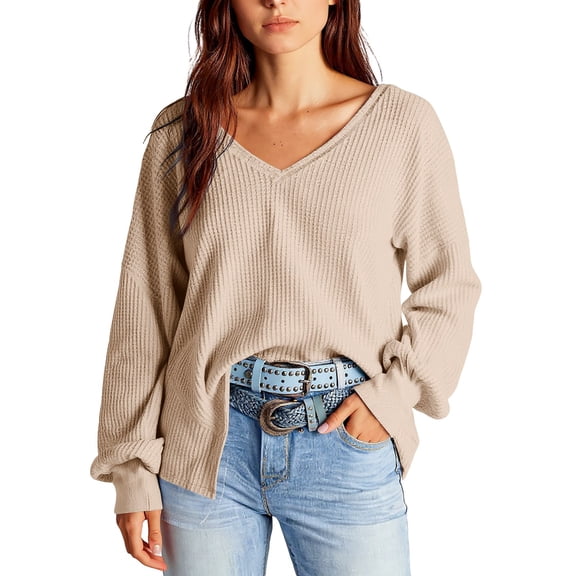 Women's Waffle Knit Top with Fashionable Long Lantern Sleeve, V-Neck Loose T-Shirt, Casual Shirt for Women's Casual Apparel and Everyday Wear,Beige,M