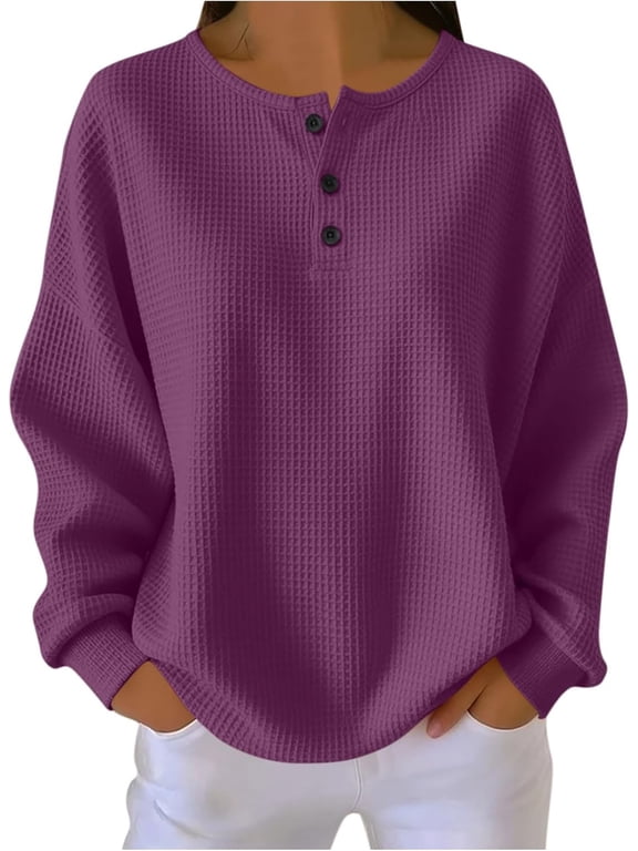 Women's Waffle Knit Tops Henely Long Sleeve Pullover Loose Fit Casual Top | Plus Size Elegant T-Shirt, Button Down, Crew Neck, Breathable Soft, Comfy Going Out Shirts, Fashion Spring Fall Clothes