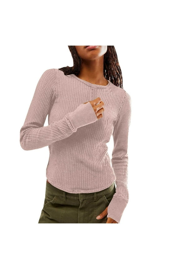 Women's Waffle Knit Tops Long Sleeve Shirts Casual Slim Fitted Crew Neck Pullover Shirts 2024 Fall Winter Tight Clothes