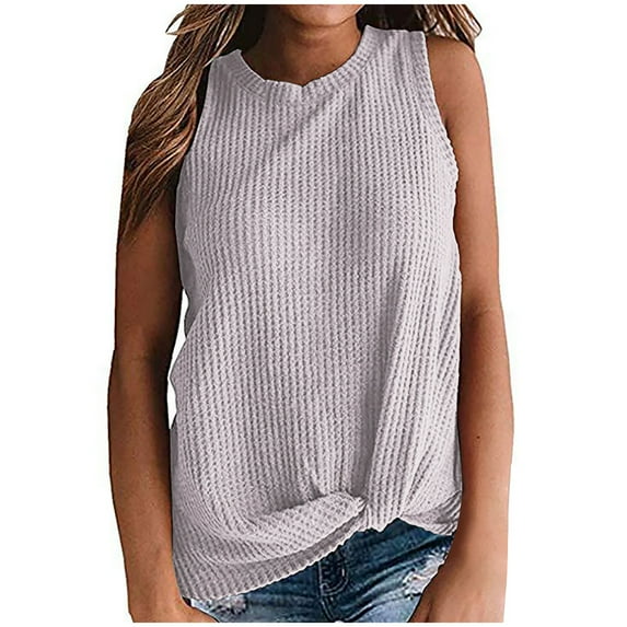 Women's Waffle Knit Tops Summer Casual Loose Flowy Crew Neck Sleeveless Shirts Breathable Lightweight Blouses (S, Gray)