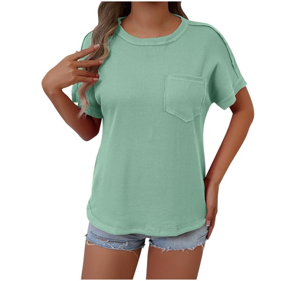 Women's Waffle Knit Tops Summer Trendy Crew Neck Short Sleeve Shirts with Pocket Loose Solid Color Blouses (L, Green)
