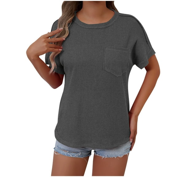 Women's Waffle Knit Tops Summer Trendy Crew Neck Short Sleeve Shirts with Pocket Loose Solid Color Blouses (S, Dark Gray)