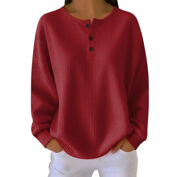 Women's Waffle Knit Tops Textured Crewneck Button Up Long Sleeve Henley Sweatshirts Fashion Loose Casual Blouses