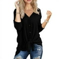 thumbnail image 1 of Women's Waffle Knit Tunic Blouse Tie Knot Henley Tops Loose Fitting Bat Wing Plain Shirts, 1 of 2